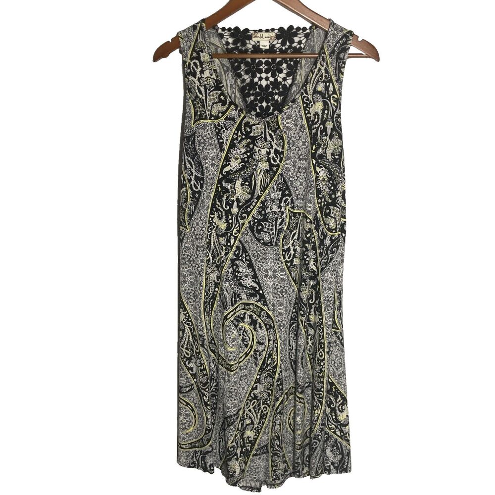 WORLD UNITY black white yellow paisley floral sleeveless scoop neck lace dress L